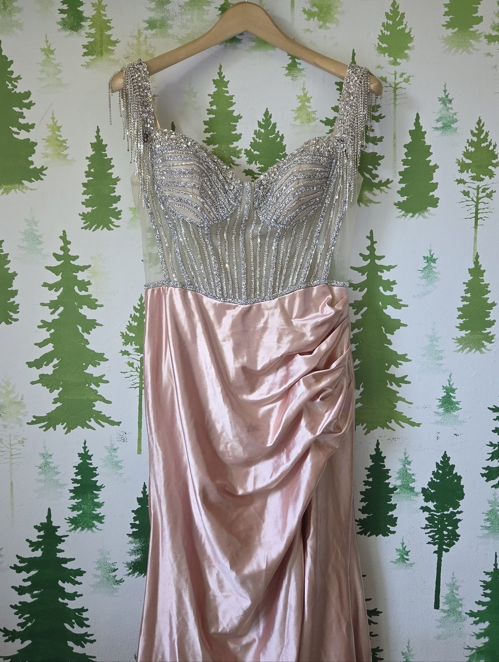 Beaded Silver & Pink Satin Formal Gown with Fringe Straps.